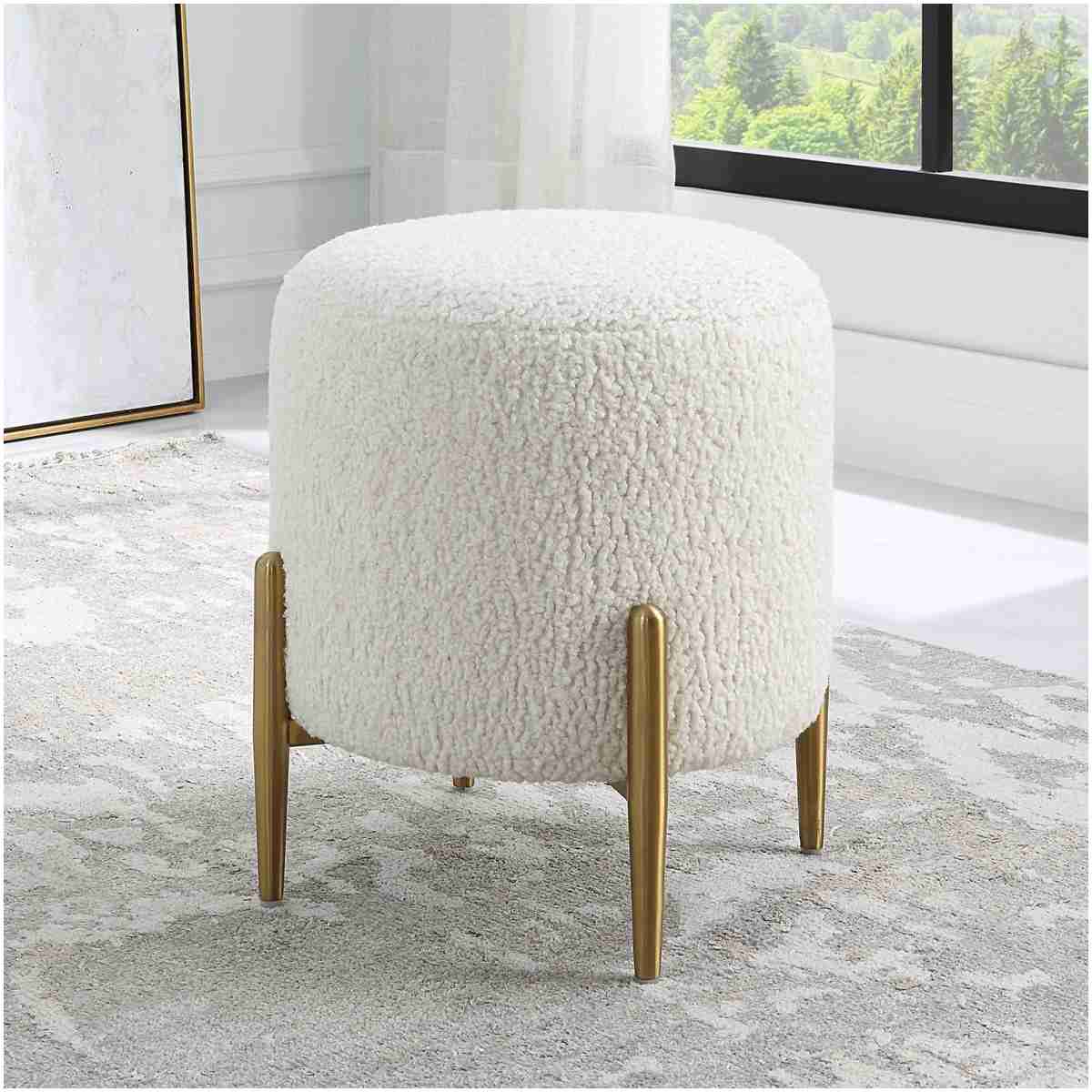 Uttermost Arles White Shearling Brass Ottoman