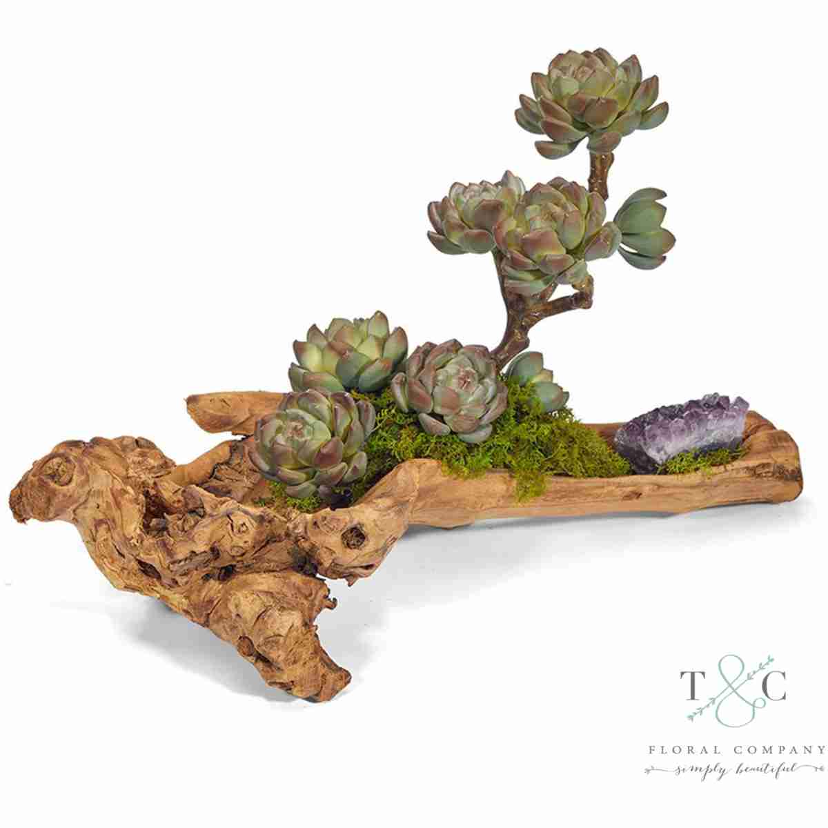 Baby Log Filled With Sedum And Amethyst - 4L X 5W X 18H Floral Arrangement