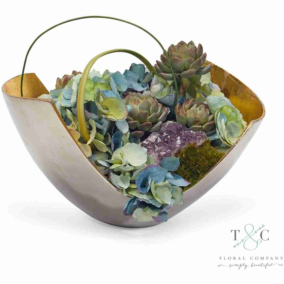 Blue Hydrangea In Mixed Metal Scoop With Amethyst - 10L X 11W X 15H Floral Arrangement