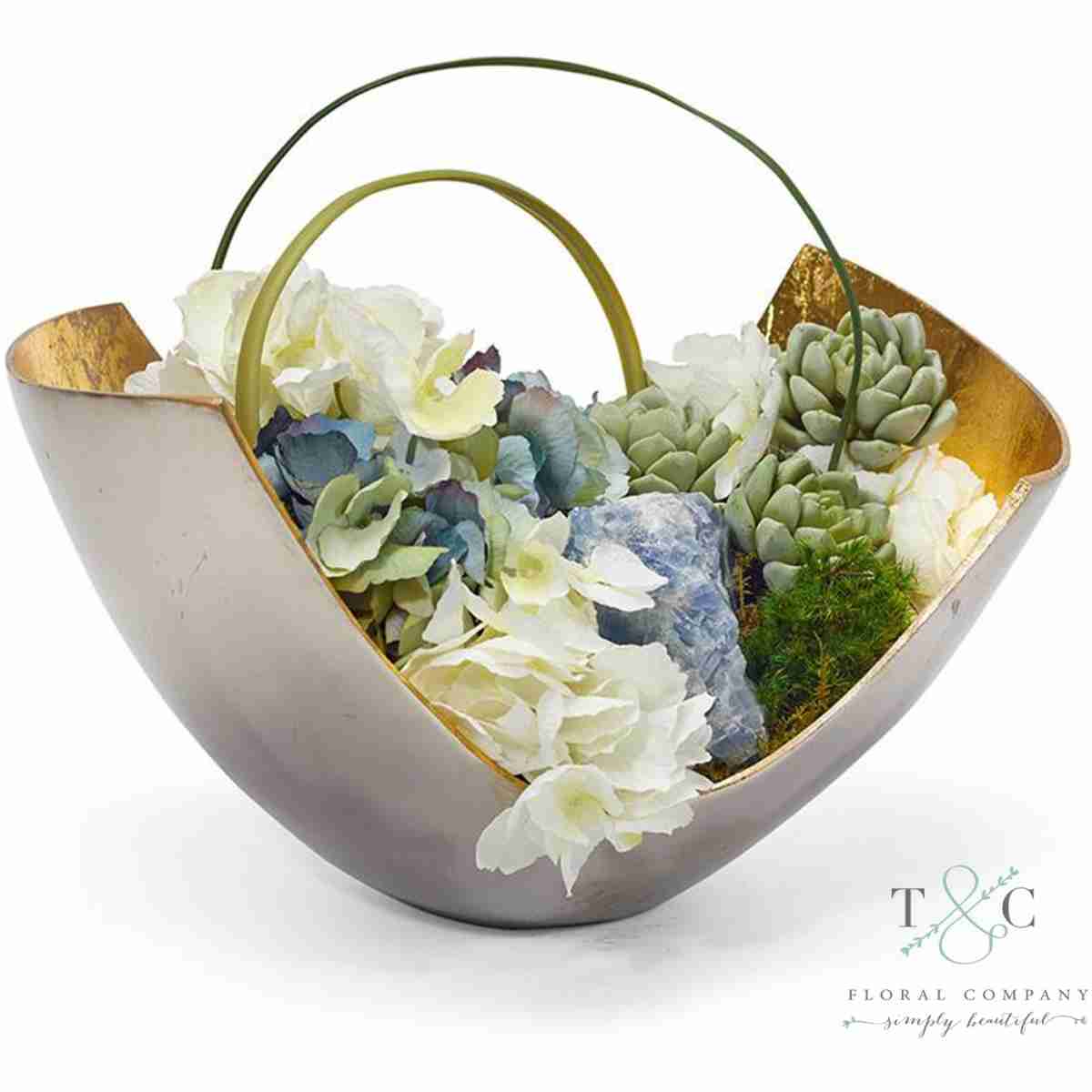 Blue And White Hydrangea In Mixed Metal Scoop With Blue Calcite - 10L X 11W X 15H Floral Arrangement