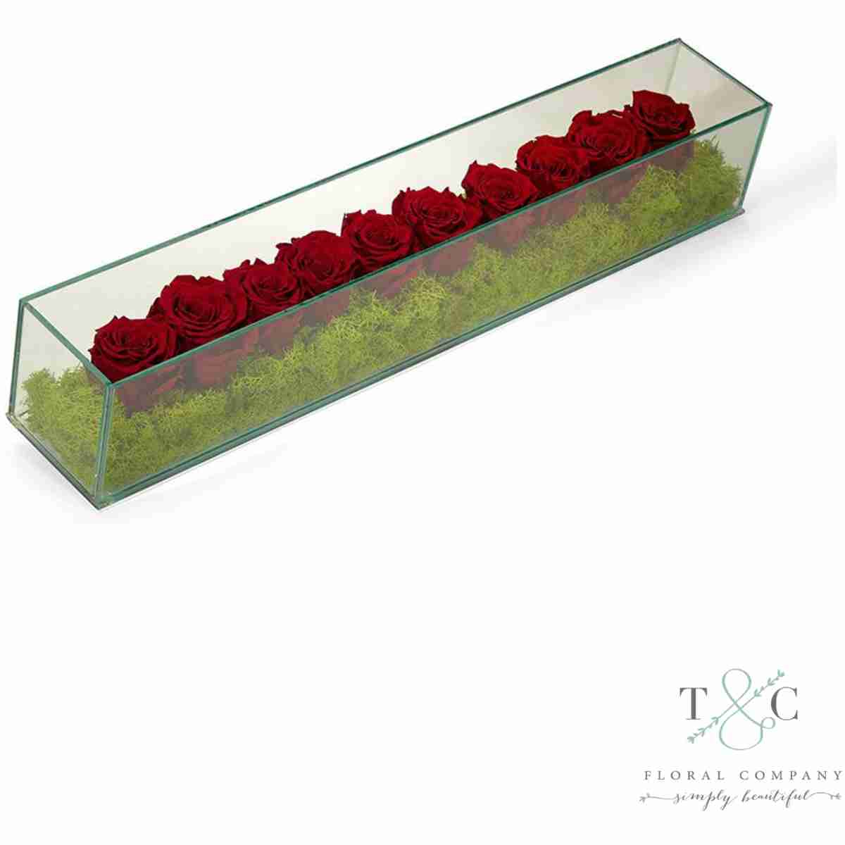 Burgundy Preserved Roses In Rectangle Glass - 24L X 4W X 4L Floral Arrangement