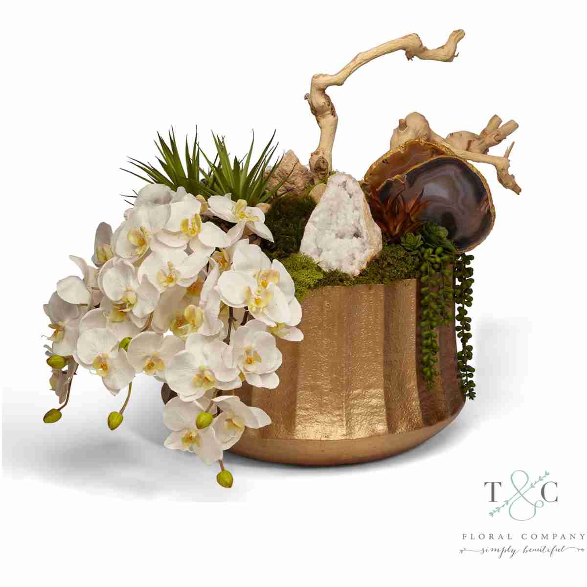 Draped Orchids In Gold Embellished Container With Quartz - 27L X 18W X 21H Floral Arrangement