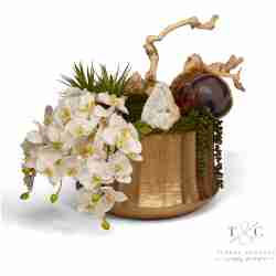 Draped Orchids in Gold Embellished Container with Quartz - 27L x 18W x 21H Floral Arrangement