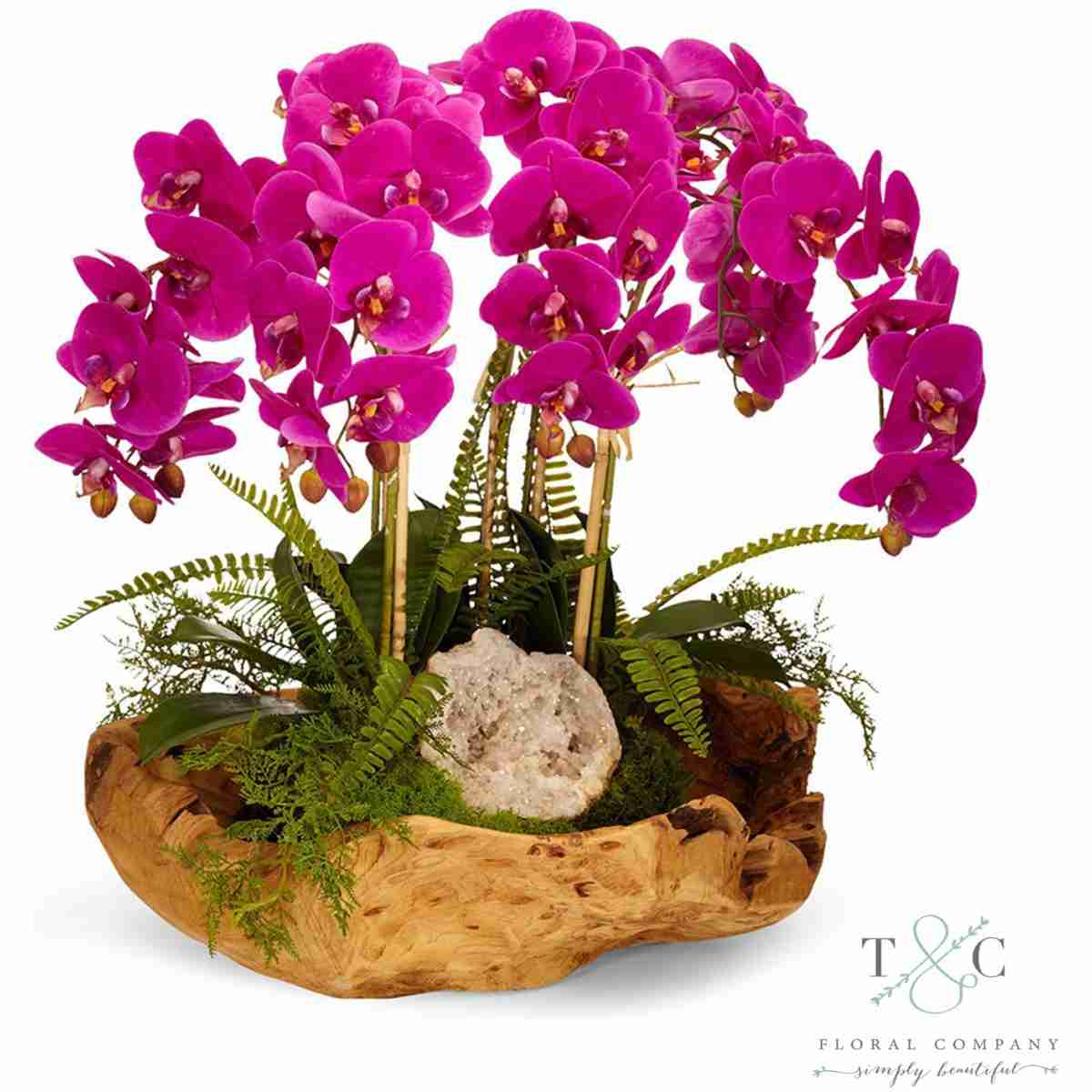 Fuchsia Orchid And Geode In Wood Bowl - 20L X 15W X 16H Floral Arrangement