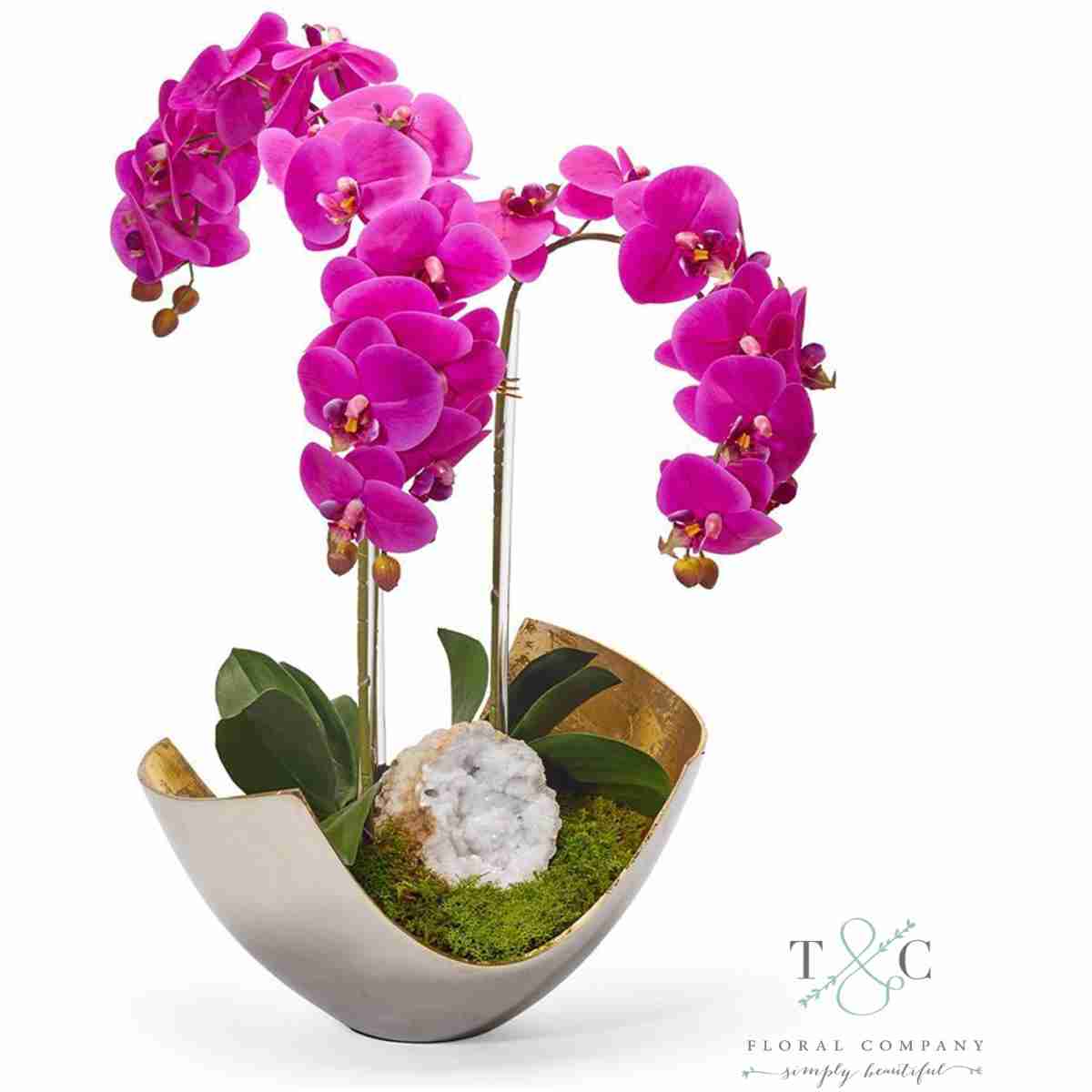 Fuchsia Orchids In Two-Toned Metal Bowl With Quartz - 23L X 15W X 15H Floral Arrangement