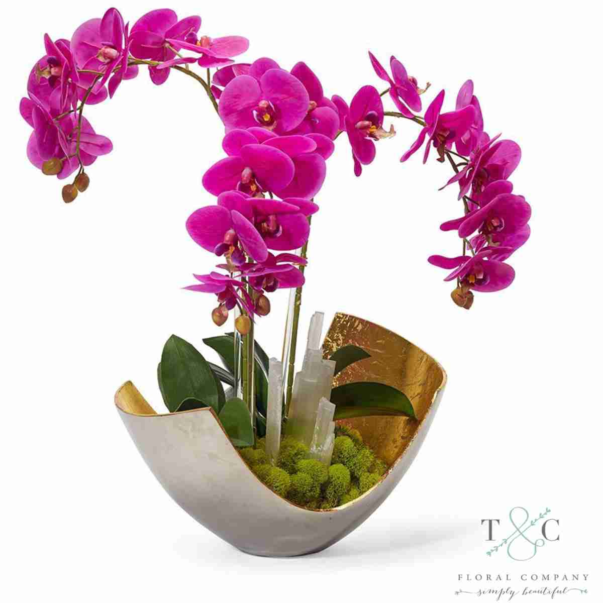 Fuchsia Orchids In Two-Toned Metal Bowl With Selenite - 23L X 15W X 15H Floral Arrangement