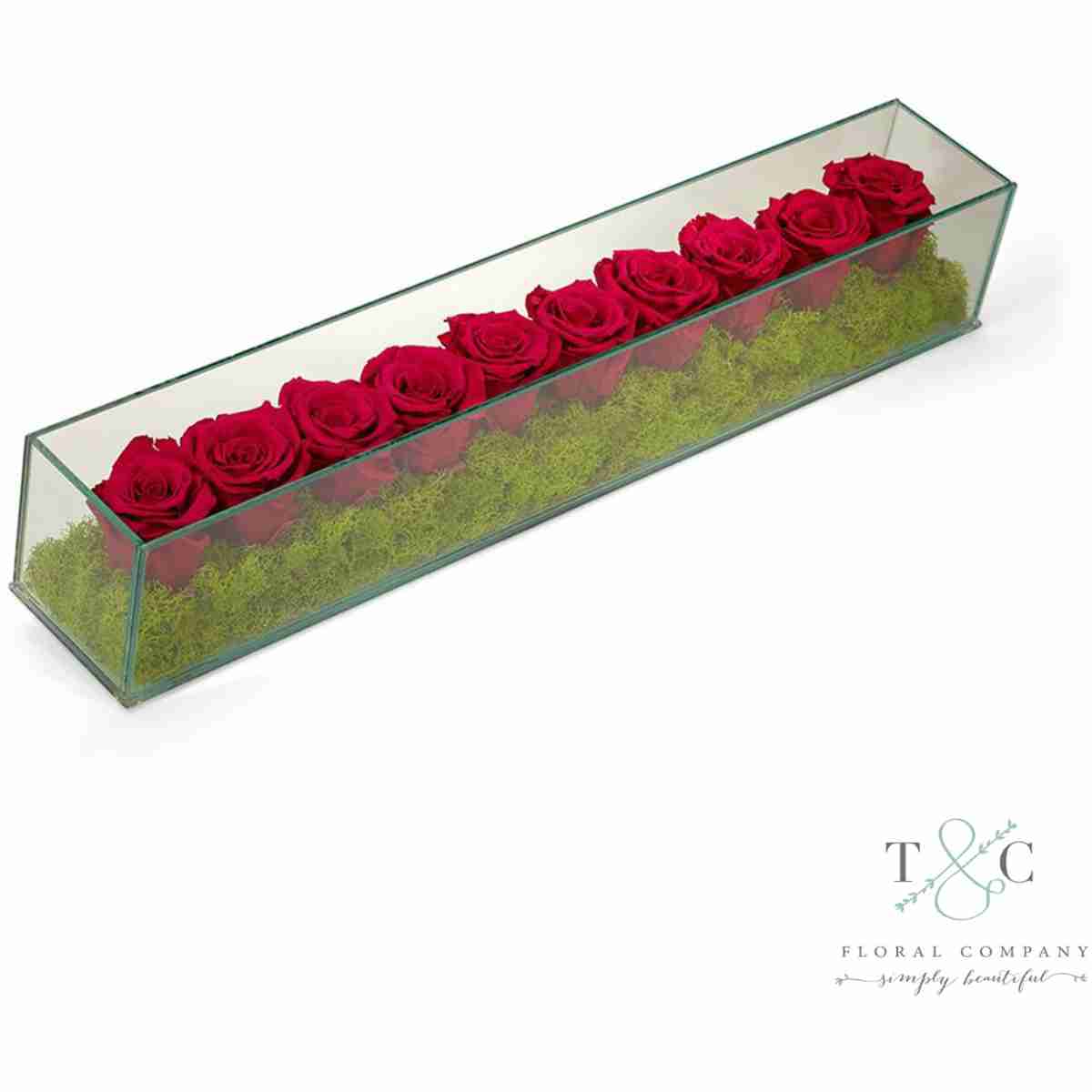 Fuchsia Preserved Roses In Rectangle Glass - 24L X 4W X 4L Floral Arrangement