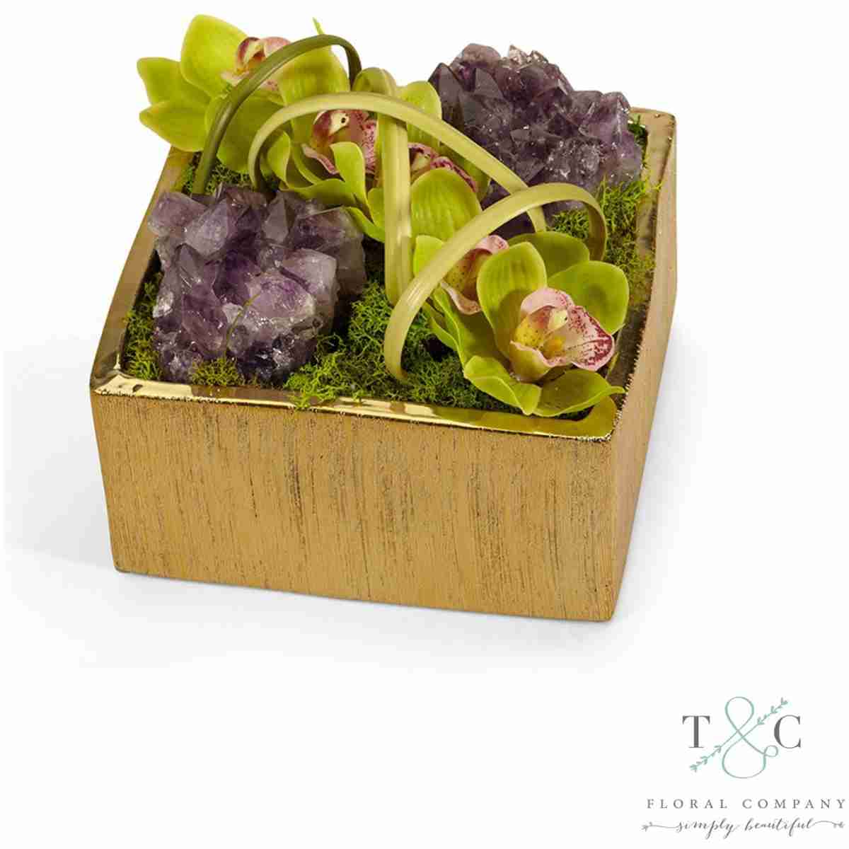 Green Orchid With Amethyst Table Top In Gold Square - 8L X 8W X 8H Floral Arrangement