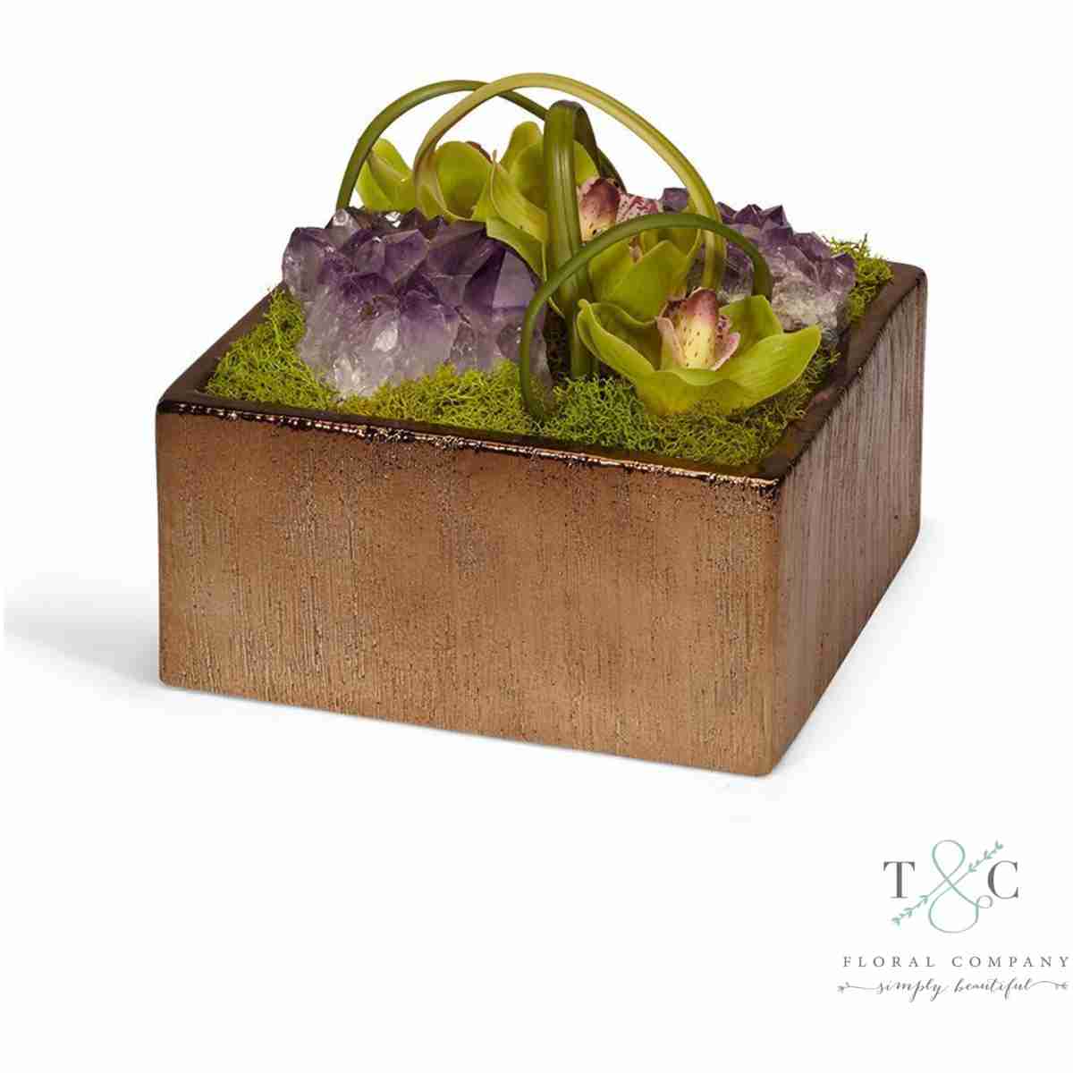 Green Orchids With Amethyst Table Top In Bronze Square - 8L X 8W X 8H Floral Arrangement