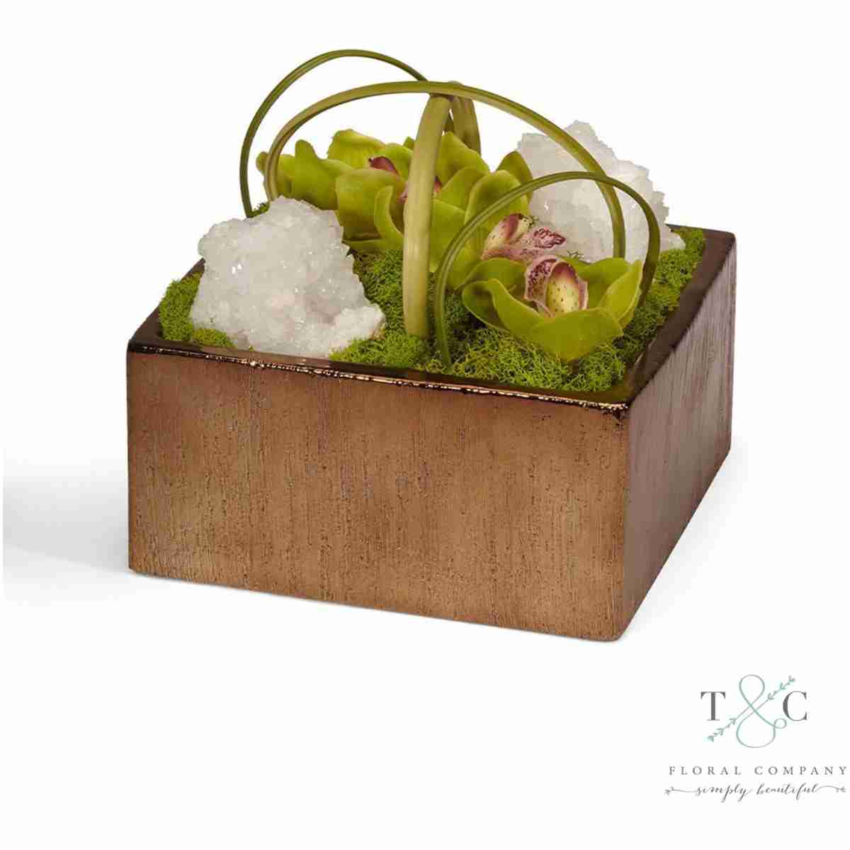 Green Orchids With Quartz Table Top In Bronze Square - 8L X 8W X 8H Floral Arrangement