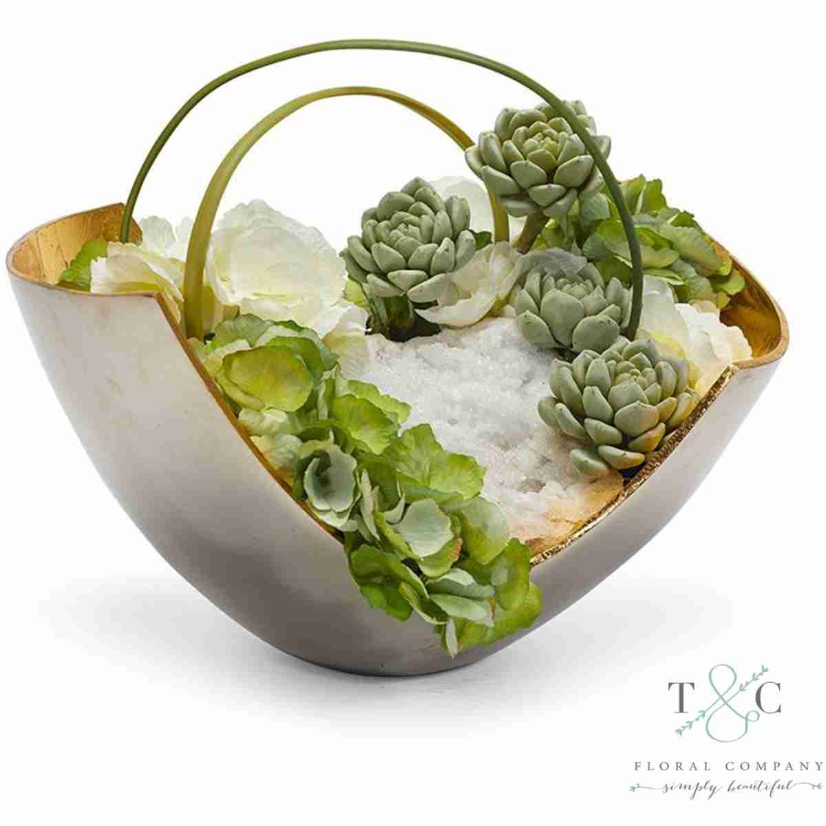 Green Hydrangea In Mixed Metal Scoop With Moroccan Geode - 10L X 11W X 15H Floral Arrangement