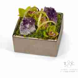 Green Orchid with Amethyst Table Top in Silver Square - 8L x 8W x 8H Floral Arrangement