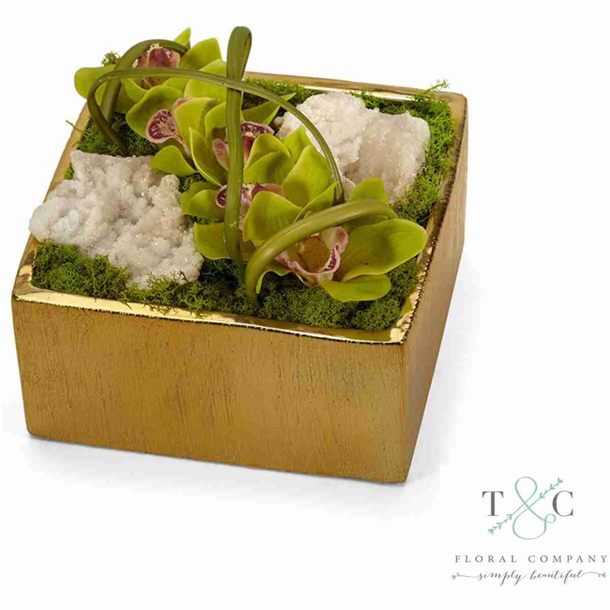 Green Orchid With Quartz Table Top In Gold Square - 8L X 8W X 8H Floral Arrangement