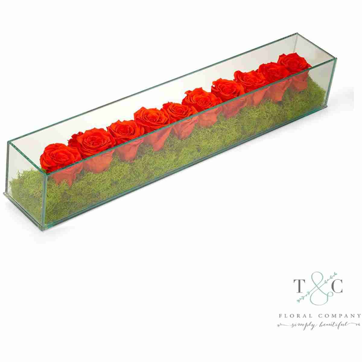 Orange Preserved Roses In Rectangle Glass - 24L X 4W X 4L Floral Arrangement