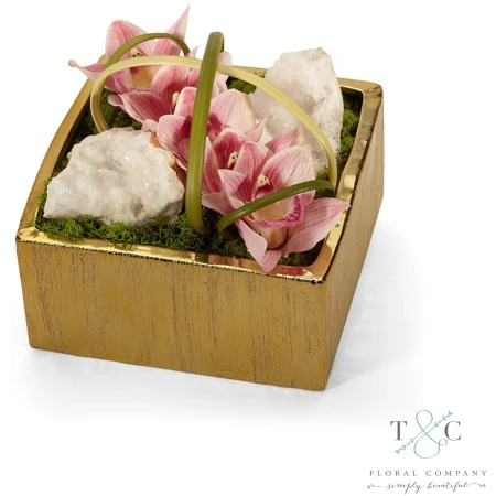 Pink Orchid with Quartz Table Top in Gold Square - 8L x 8W x 8H Floral Arrangement