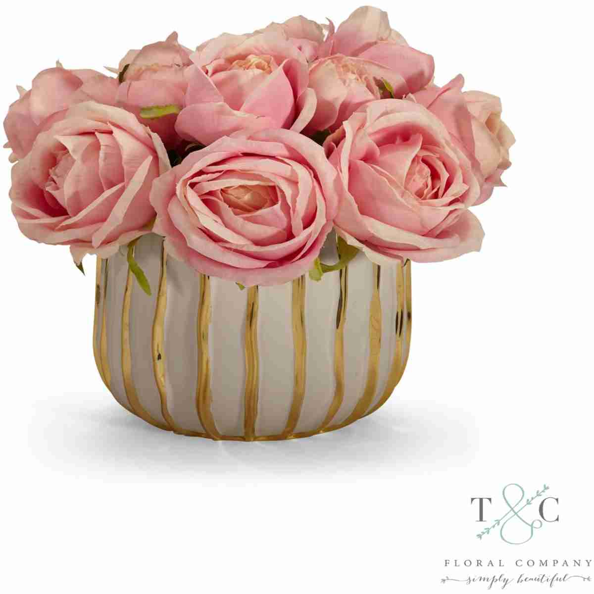 Pink Rose Bouquet In White And Gold Container - 10L X 10W X 11H Floral Arrangement