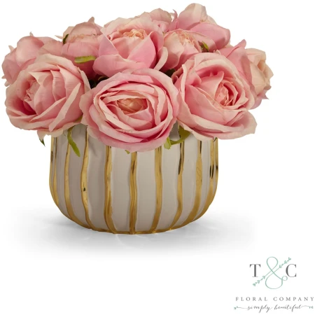 Pink Rose Bouquet in White and Gold Container - 10L x 10W x 11H Floral Arrangement