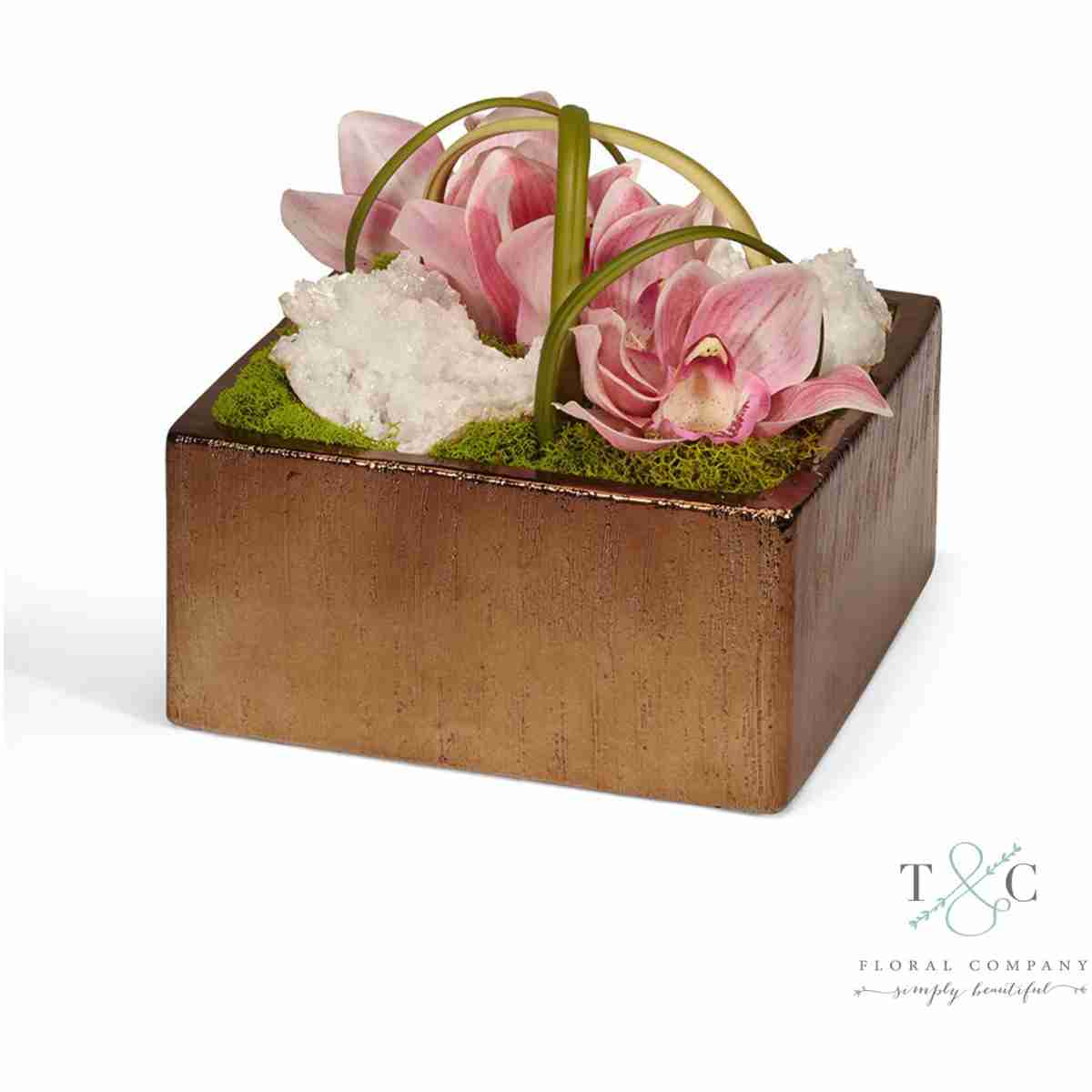 Pink Orchids With Quarzy Table Top In Bronze Square - 8L X 8W X 8H Floral Arrangement