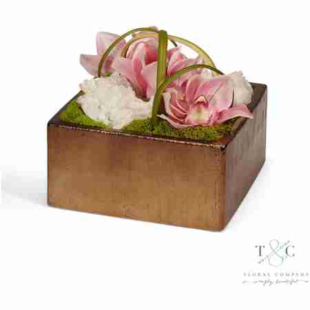 Pink Orchids with Quarzy Table Top in Bronze Square - 8L x 8W x 8H Floral Arrangement