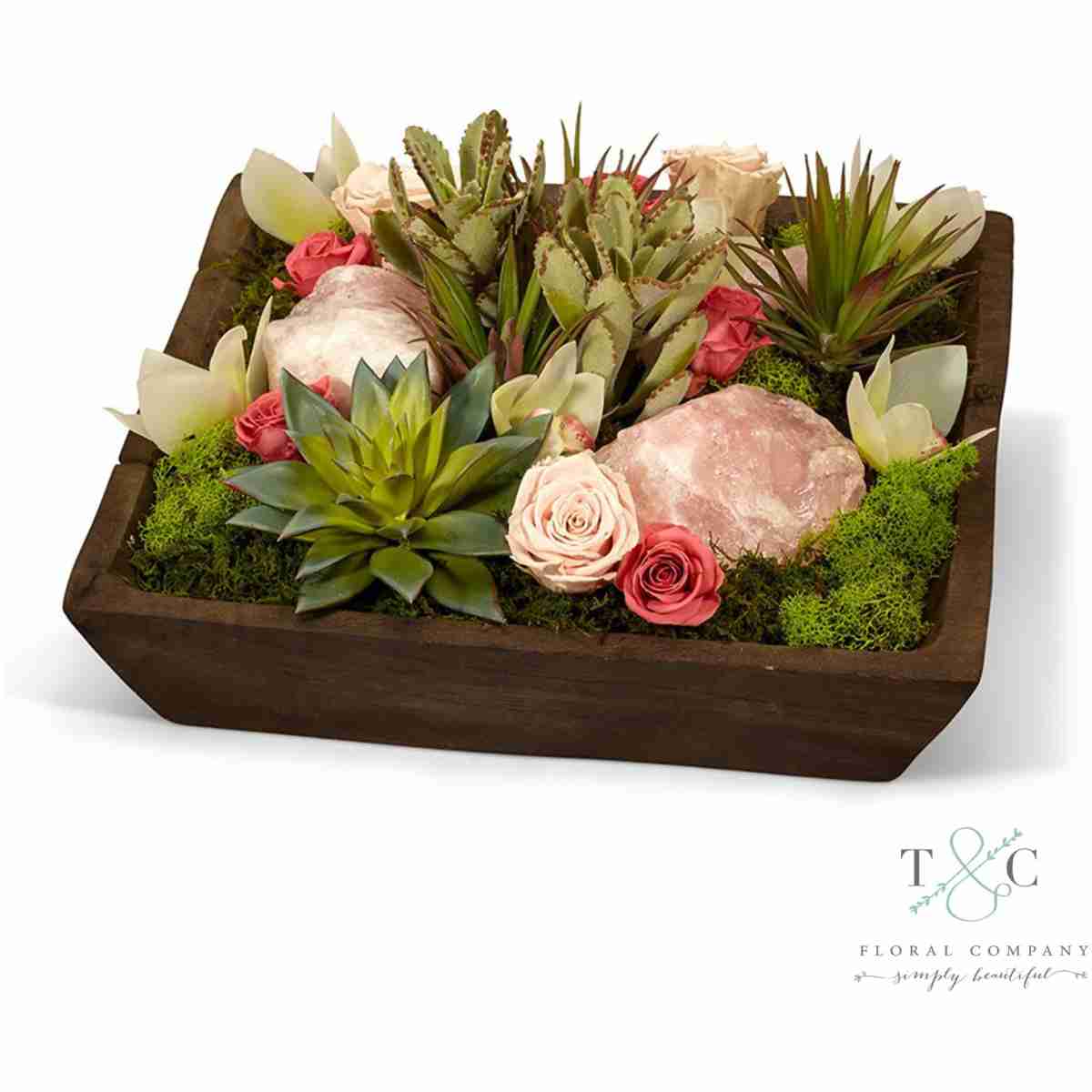 Pink Preserved Roses With Rose Quartz And Succulent Garden - 15L X 15W X 10H Floral Arrangement