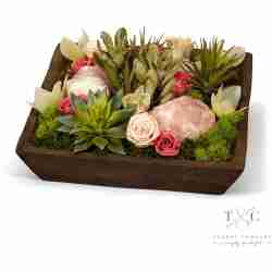 Pink Preserved Roses with Rose Quartz and Succulent Garden - 15L x 15W x 10H Floral Arrangement