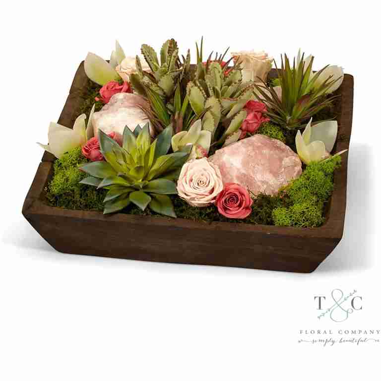 Pink Preserved Roses with Rose Quartz and Succulent Garden - 15L x 15W x 10H Floral Arrangement