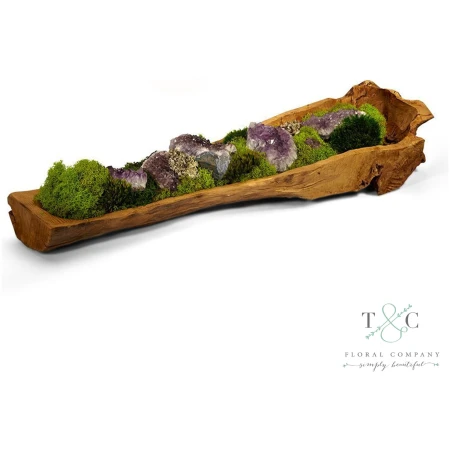 Preserved Moss and Amethyst in Wooden Log - 36L x 8W x 11H Floral Arrangement