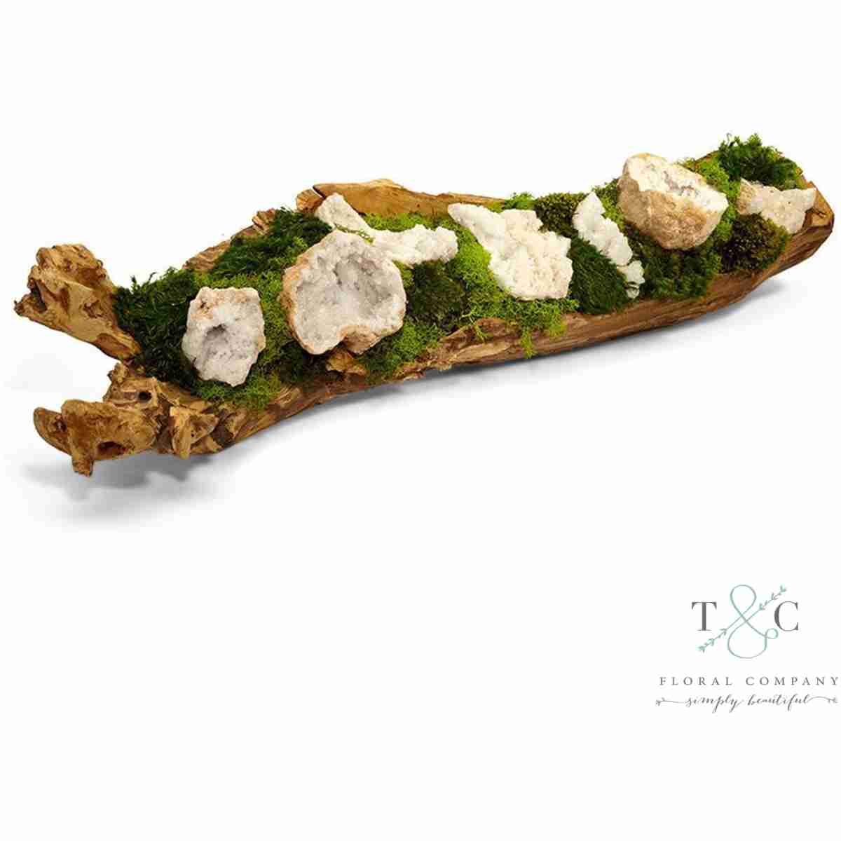 Preserved Moss And Quartz In Wooden Log - 36L X 11W X 8H Floral Arrangement