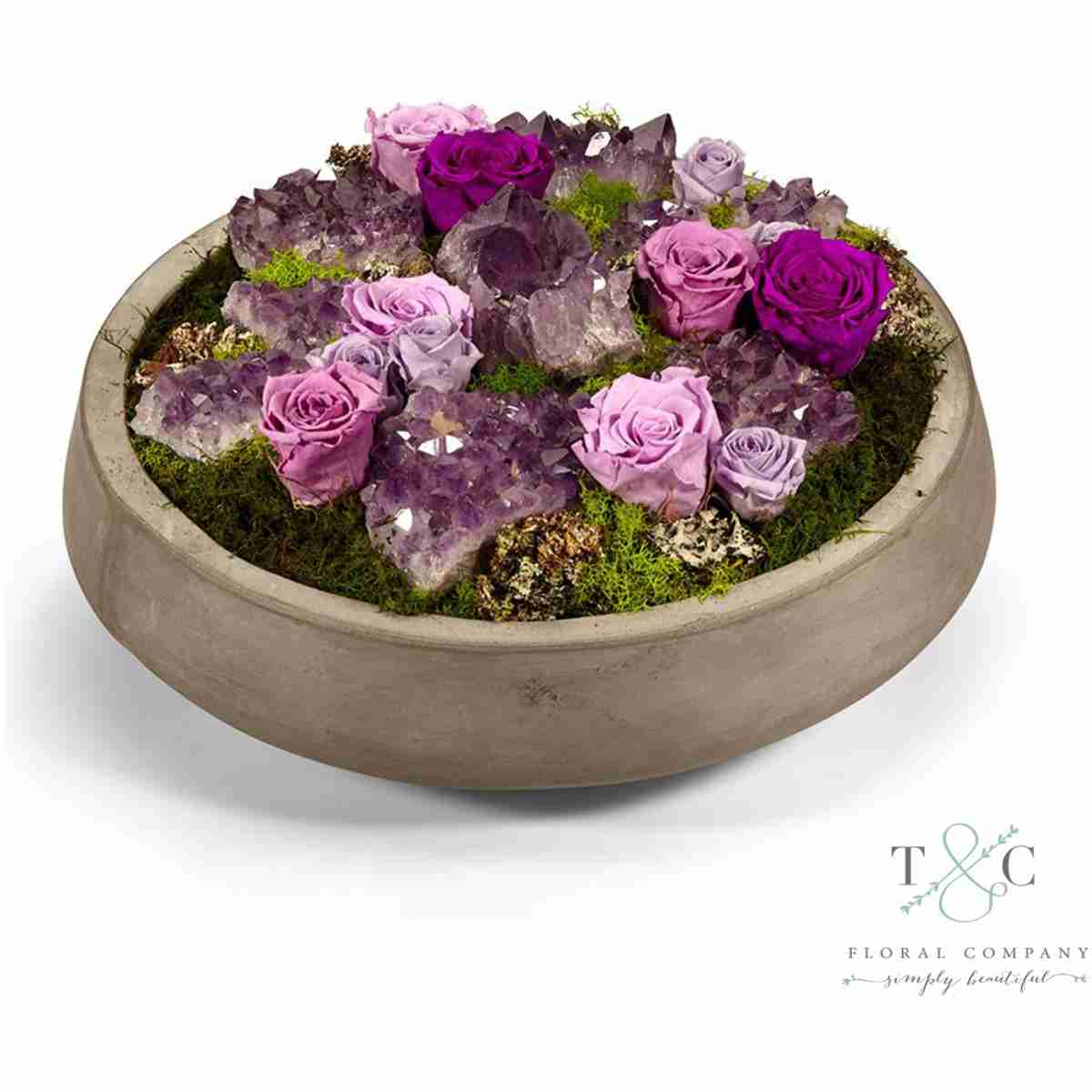 Preserved Purple Roses And Amethyst In Large Concrete Bowl - 16L X 16W X 9H Floral Arrangement