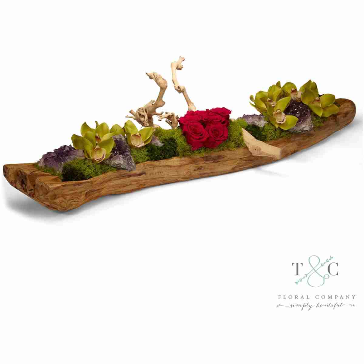 Preserved Fuchsia Rose Garden In Wood Log - 38L X 14W X 9H Floral Arrangement