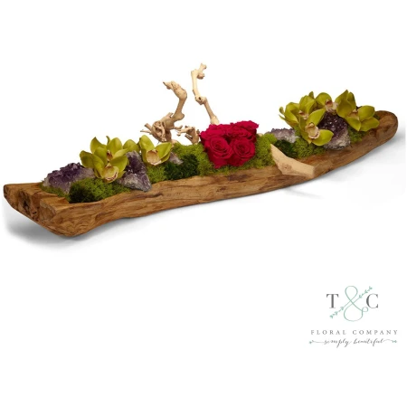 Preserved Fuchsia Rose Garden in Wood Log - 38L x 14W x 9H Floral Arrangement