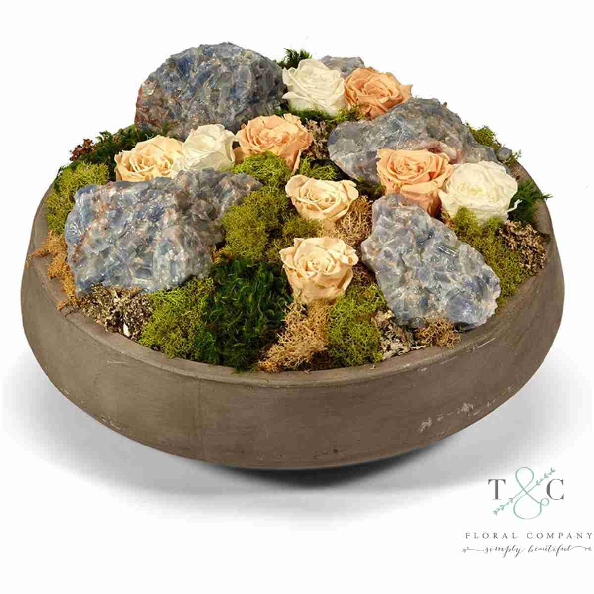 Preserved Orange Roses And Blue Calcite In Large Concrete Bowl - 16L X 16W X 9H Floral Arrangement