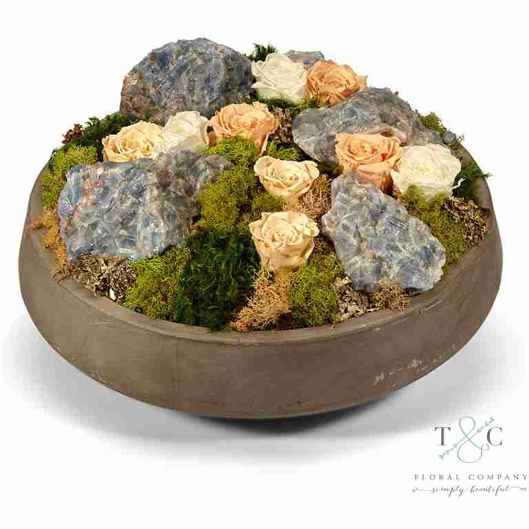 Preserved Orange Roses and Blue Calcite in Large Concrete Bowl - 16L x 16W x 9H Floral Arrangement