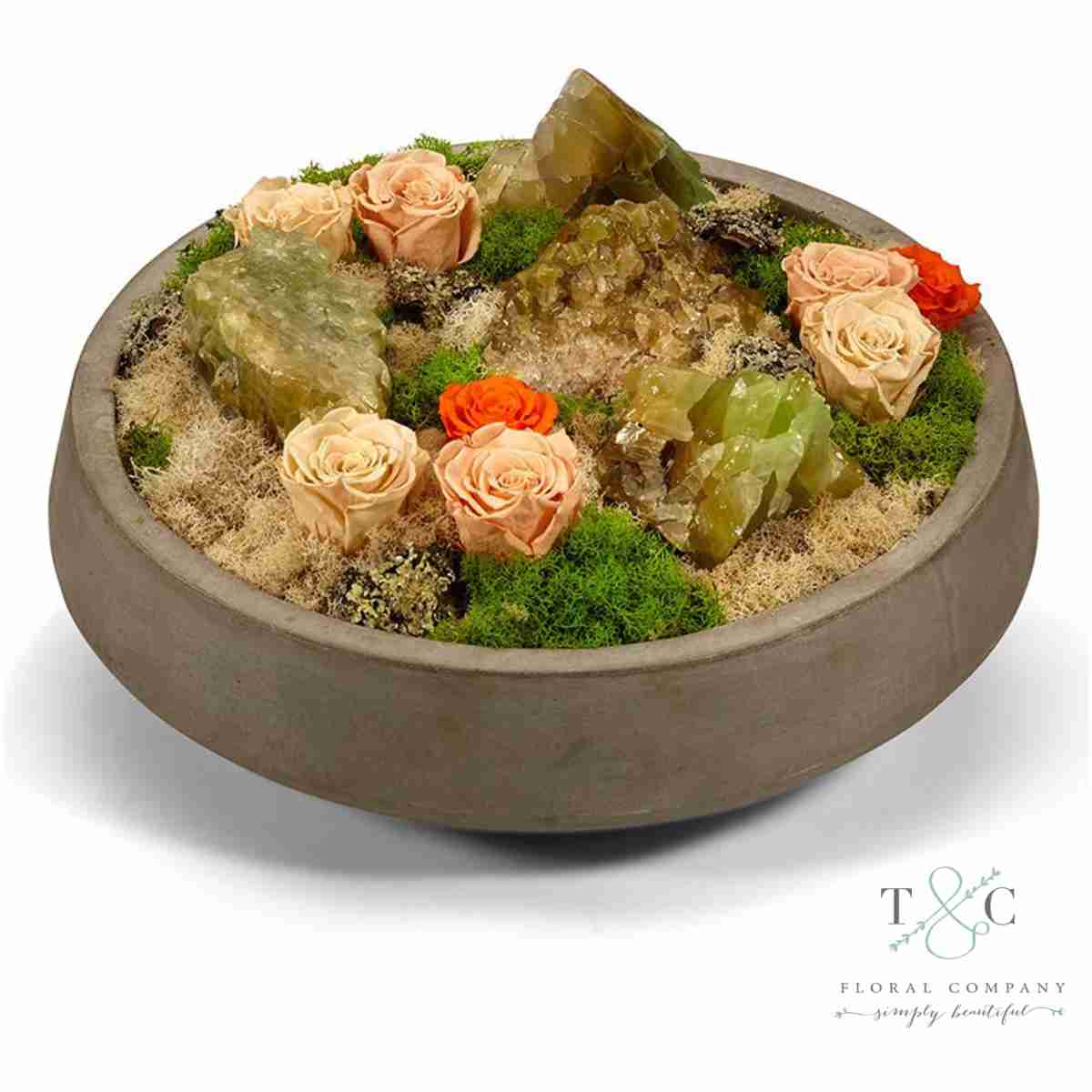 Preserved Orange Roses And Green Calcite In Large Concrete Bowl - 16L X 16W X 9H Floral Arrangement