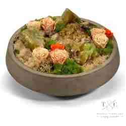 Preserved Orange Roses and Green Calcite in Large Concrete Bowl - 16L x 16W x 9H Floral Arrangement