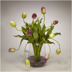 Purple Tulips in Clear Glass Vase - 21L x 21W x 24H Floral Arrangement