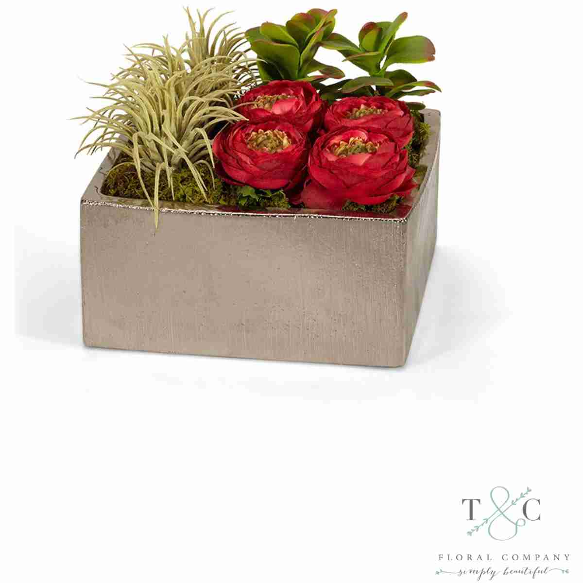 Red Cabbage Roses In Silver Square - 8L X 8W X 5H Floral Arrangement