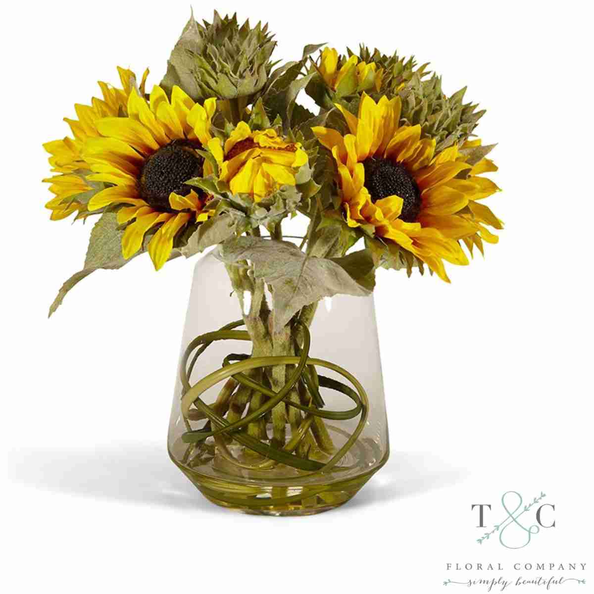 Sunflowers In Clear Glass Vase - 14L X 14W X 13H Floral Arrangement