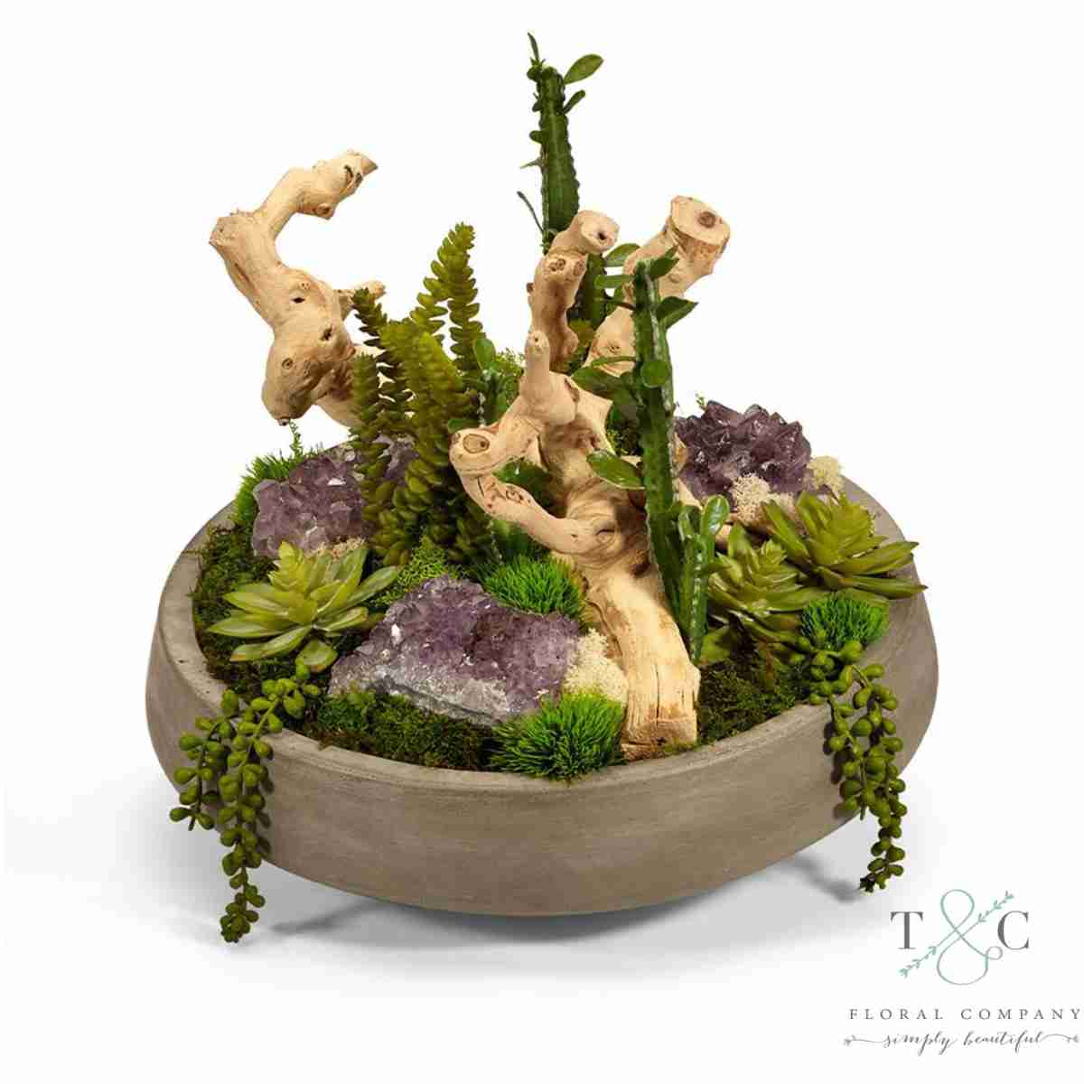 Succulent Garden With Amethyst In Large Concrete Bowl - 20L X 17W X 15H Floral Arrangement