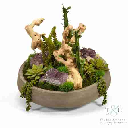 Succulent Garden with Amethyst in Large Concrete Bowl - 20L x 17W x 15H Floral Arrangement