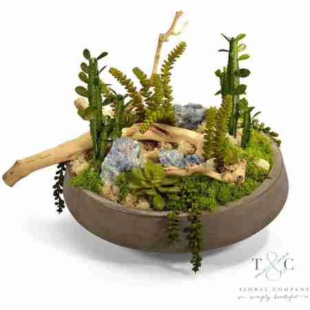 Succulent Garden with Calcite in Large Concrete Bowl - 20L x 17W x 15H Floral Arrangement