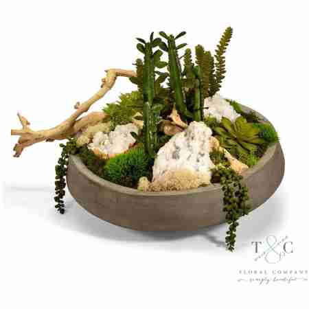 Succulent Garden with Quartz in Large Concrete Bowl - 20L x 17W x 15H Floral Arrangement