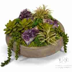 Succulents & Geodes in Concrete Bowl - Amethyst - 9L X 13W X 13H Floral Arrangement