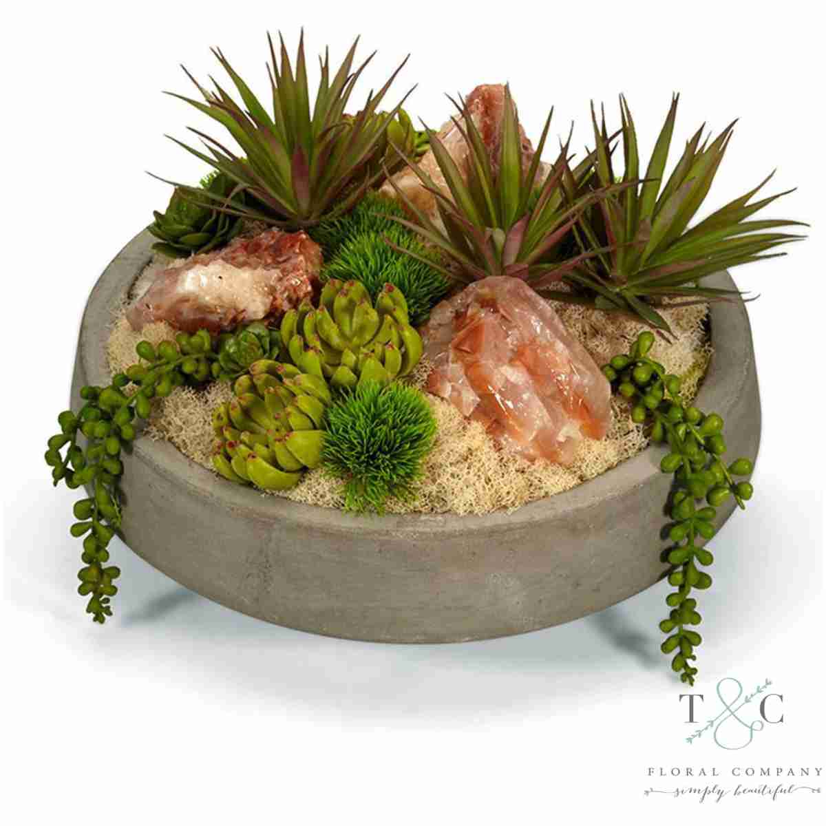 Succulents &Amp; Geodes In Concrete Bowl - Red Calcite - 9L X 13W X 13H Floral Arrangement