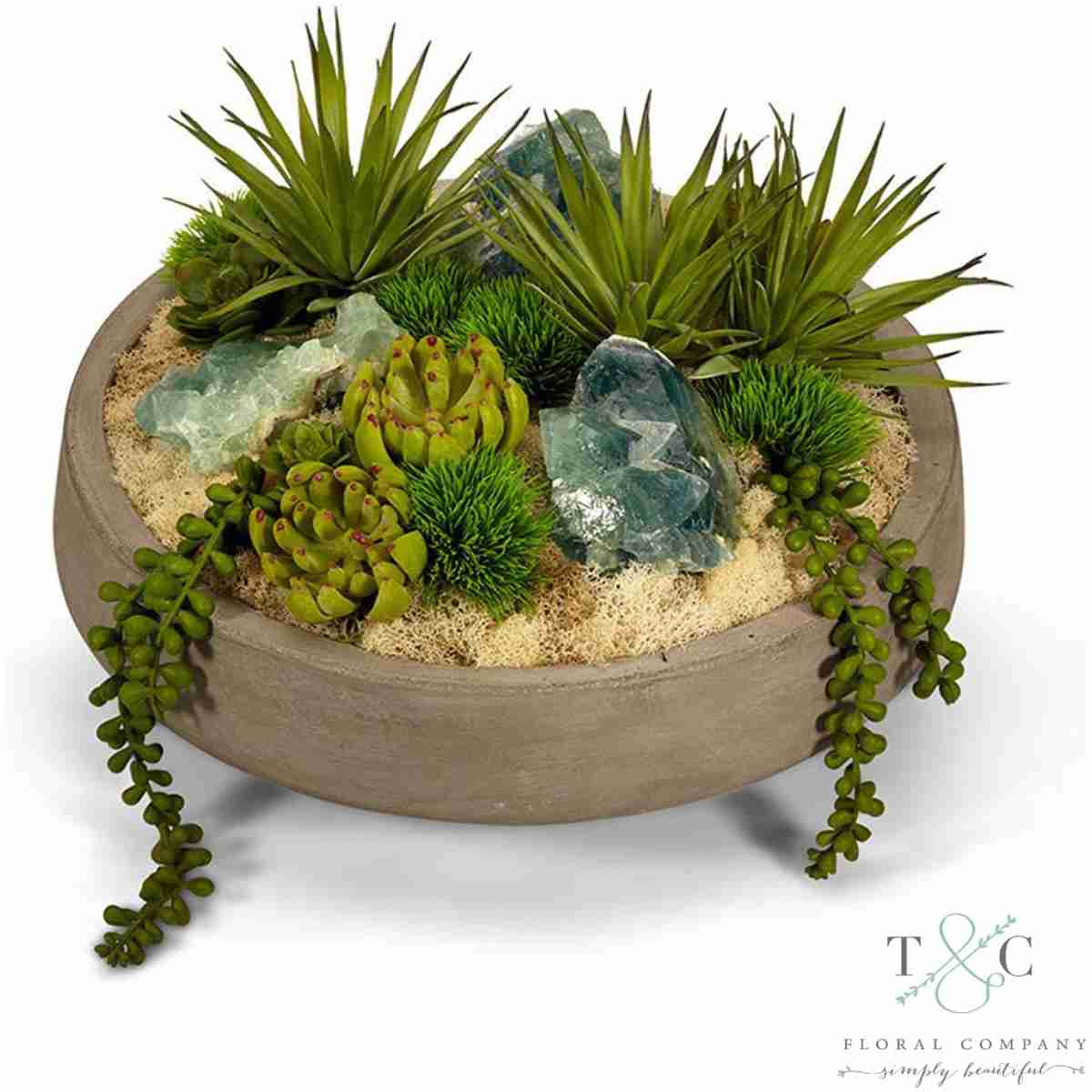 Succulents &Amp; Geodes In Concrete Bowl - Fluorite - 9L X 13W X 13H Floral Arrangement