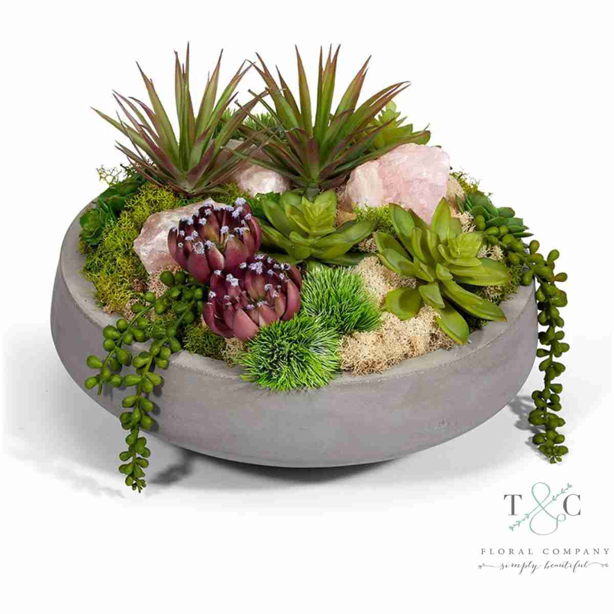 Succulents &Amp; Geodes In Concrete Bowl - Rose Quartz - 9L X 13W X 13H Floral Arrangement