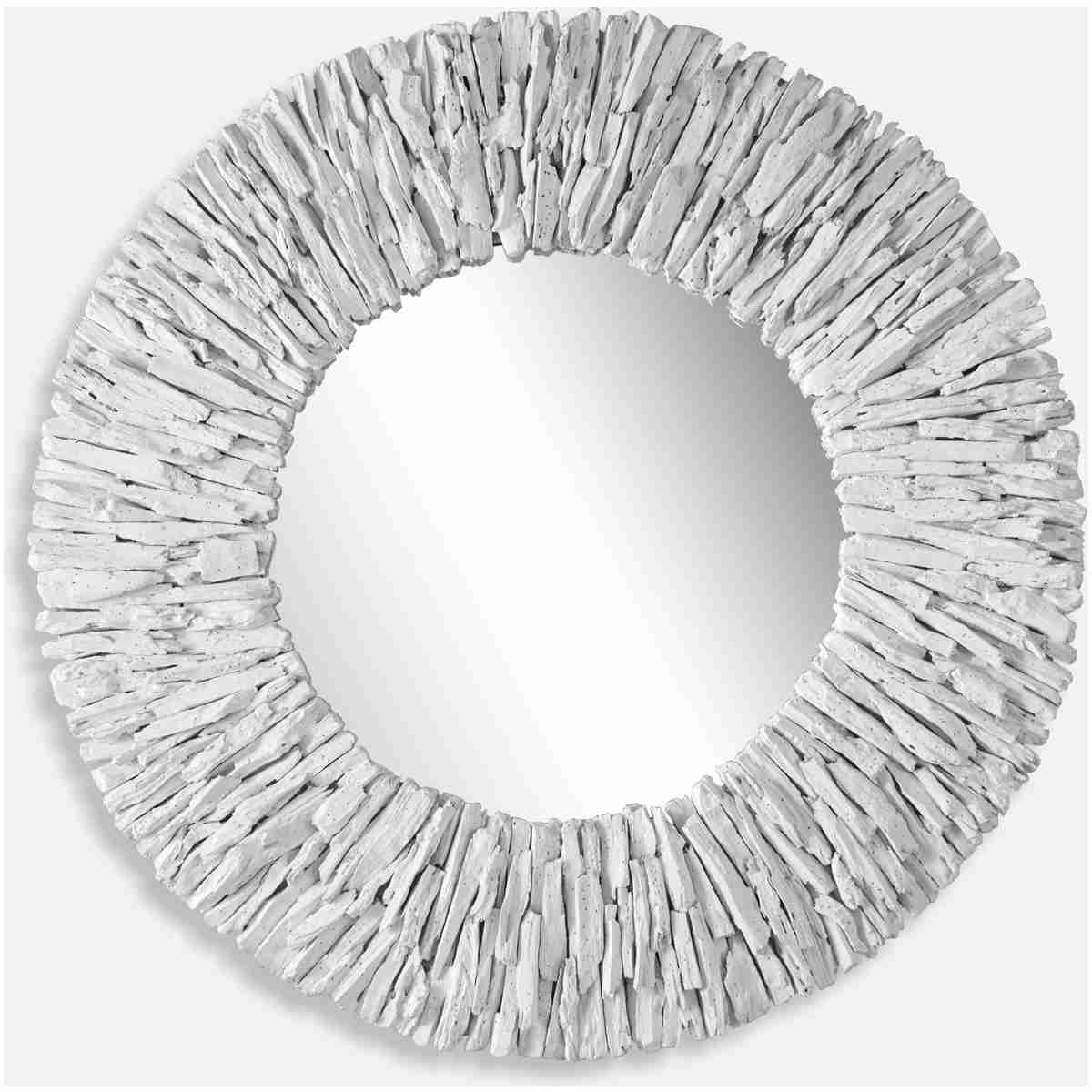 Teak Branch-White Wooden Round Mirror