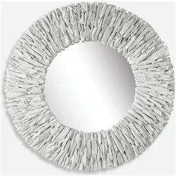 Teak Branch-White Wooden Round Mirror