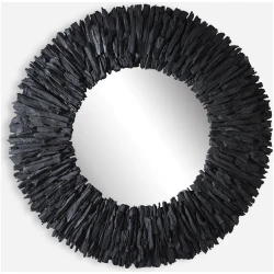 Teak Branch-Wooden Black Round Mirror