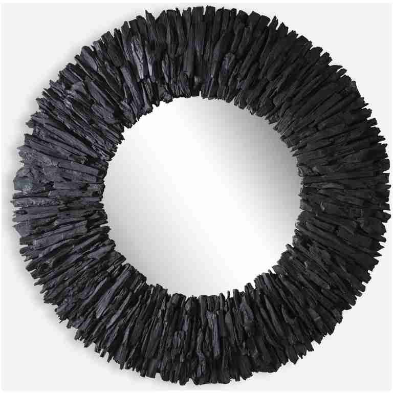 Teak Branch-Wooden Black Round Mirror